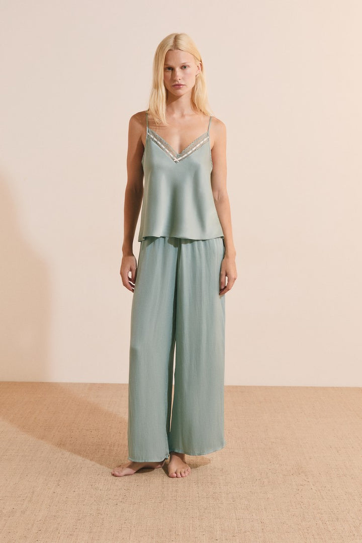 Satin Pajama Camisole With Lace - Bleu Azur