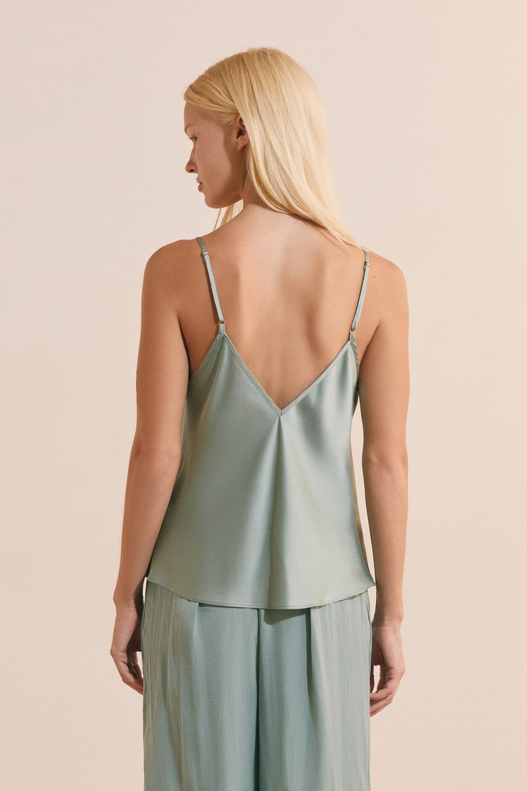 Satin Pajama Camisole With Lace - Bleu Azur