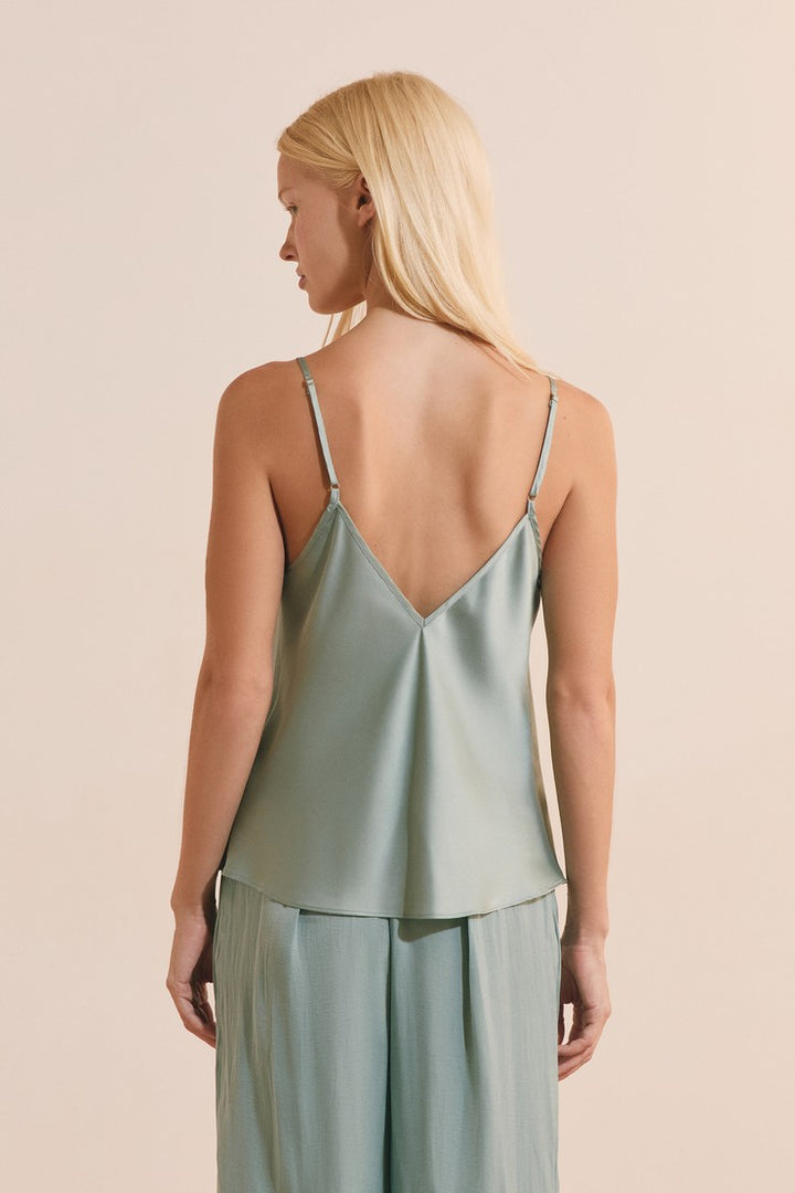 Satin Pajama Camisole With Lace - Bleu Azur
