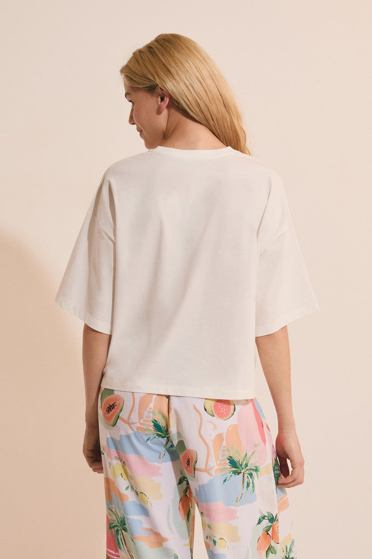 Pajama T-Shirt With Print - Ecru