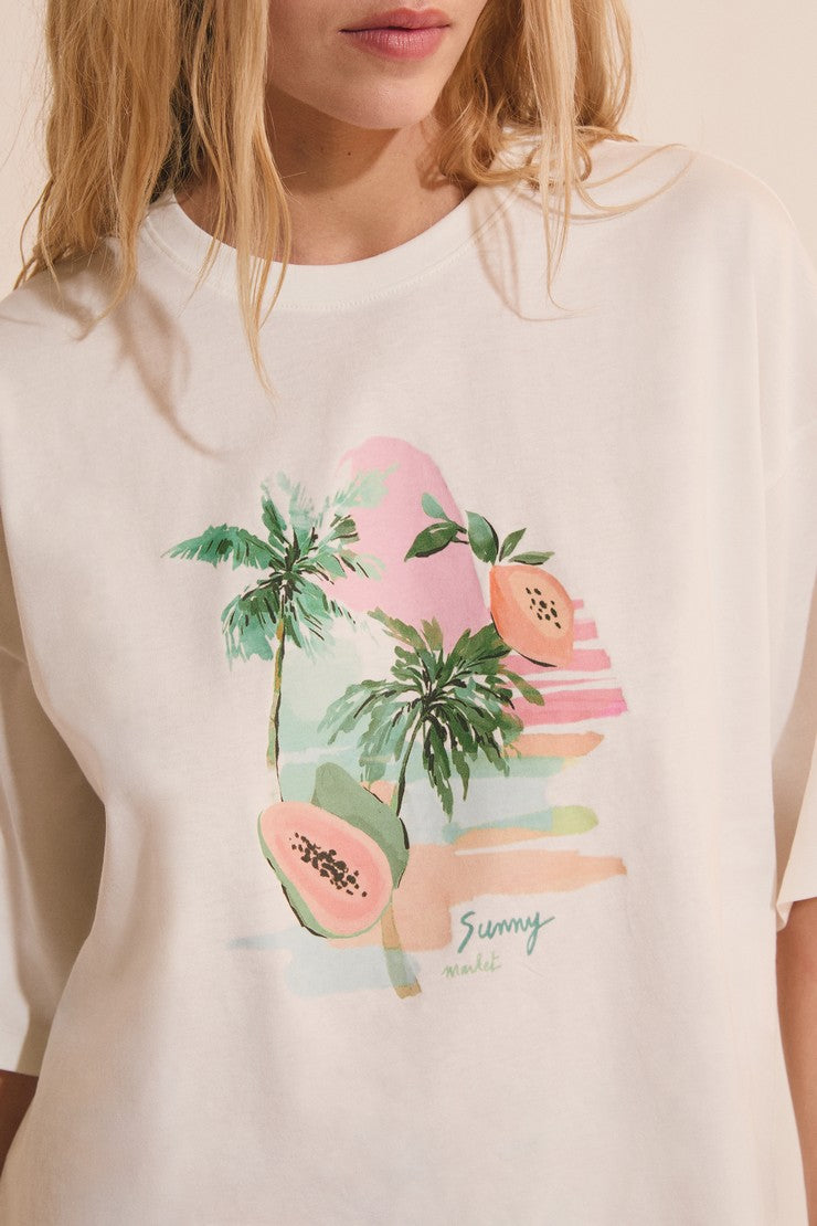 Pajama T-Shirt With Print - Ecru