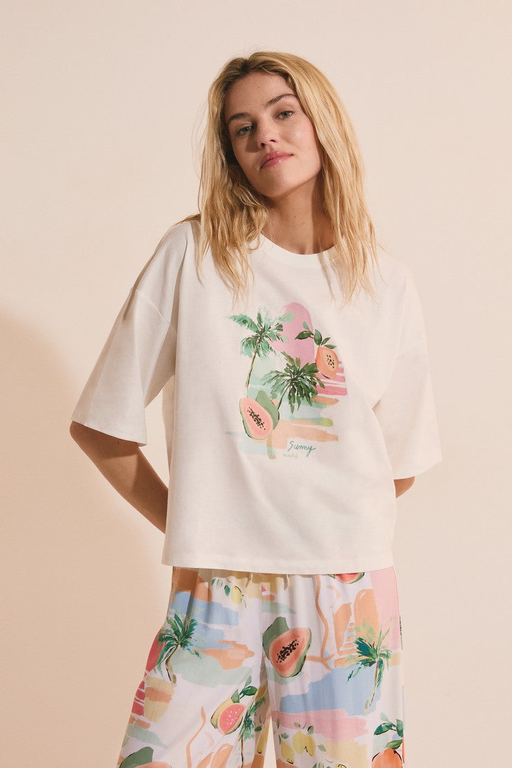 Pajama T-Shirt With Print - Ecru