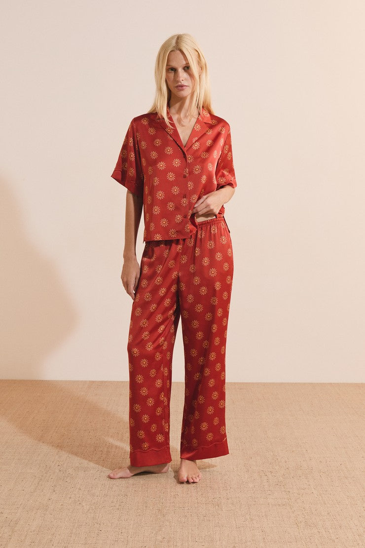Satin Floral Patterned Pajama Pants - Imp Fd Marron