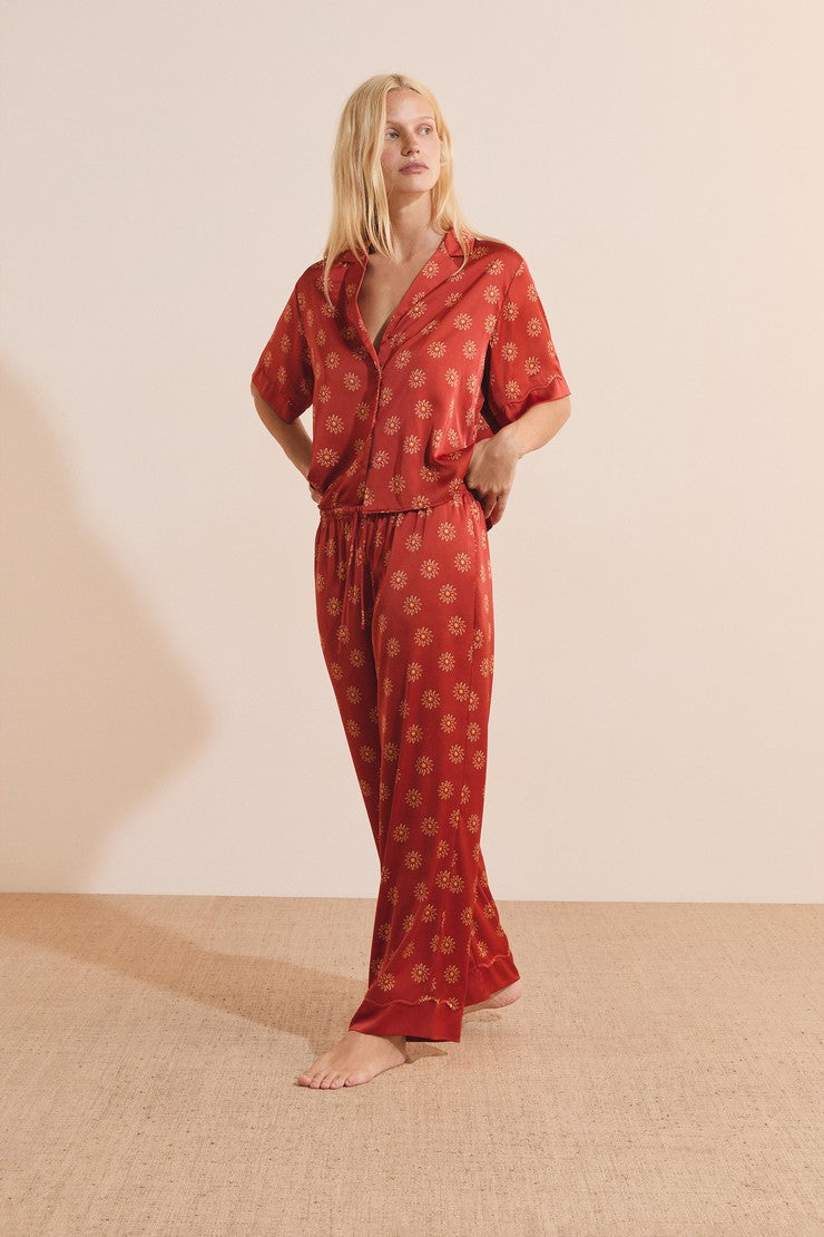 Satin Floral Patterned Pajama Pants - Imp Fd Marron