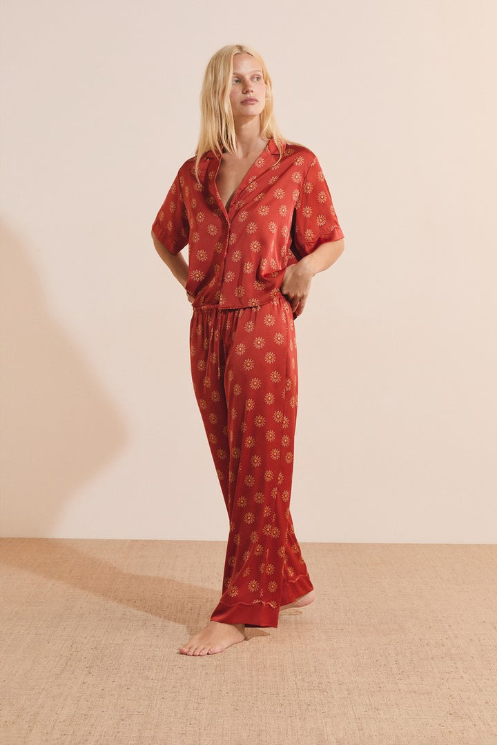 Satin Floral Patterned Pajama Pants - Imp Fd Marron