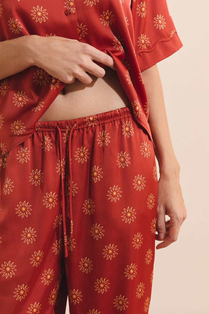 Satin Floral Patterned Pajama Pants - Imp Fd Marron