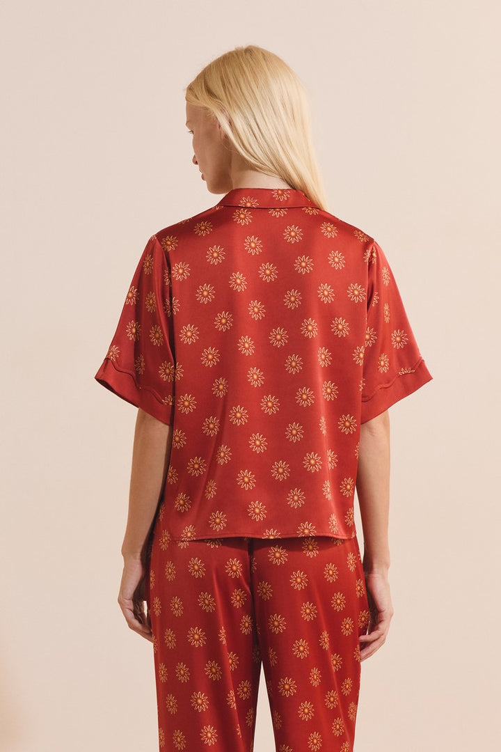 Satin Floral Patterned Pajama Shirt - Imp Fd Marron