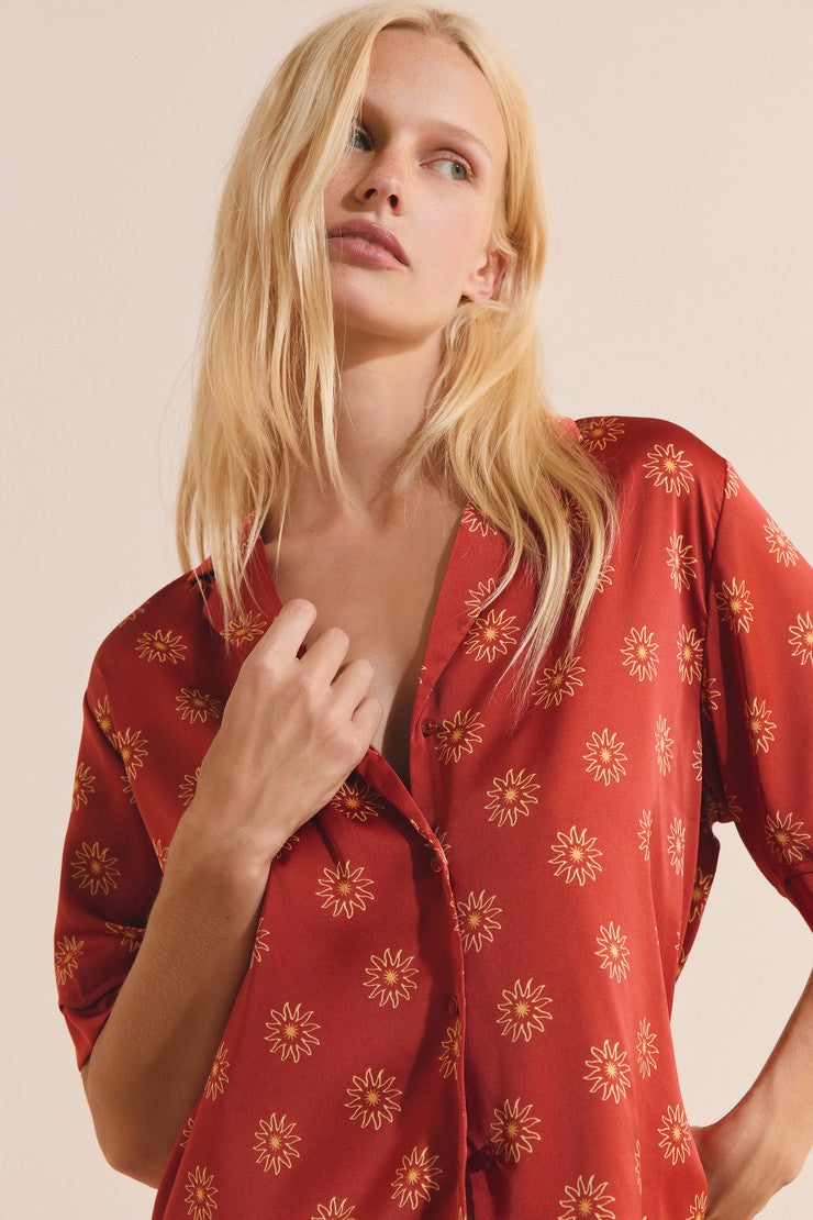 Satin Floral Patterned Pajama Shirt - Imp Fd Marron