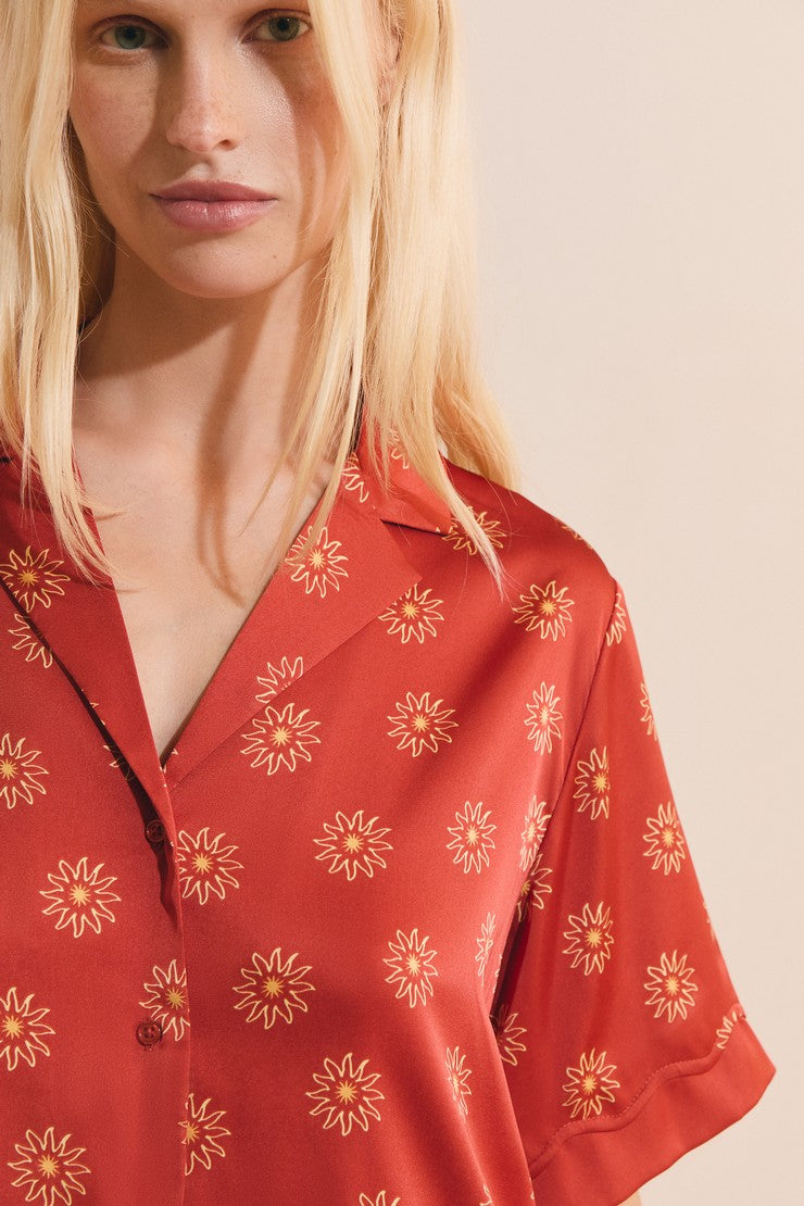 Satin Floral Patterned Pajama Shirt - Imp Fd Marron