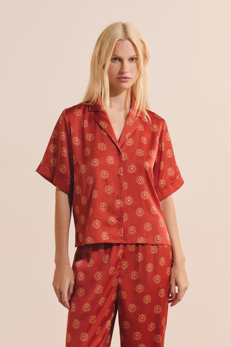 Satin Floral Patterned Pajama Shirt - Imp Fd Marron