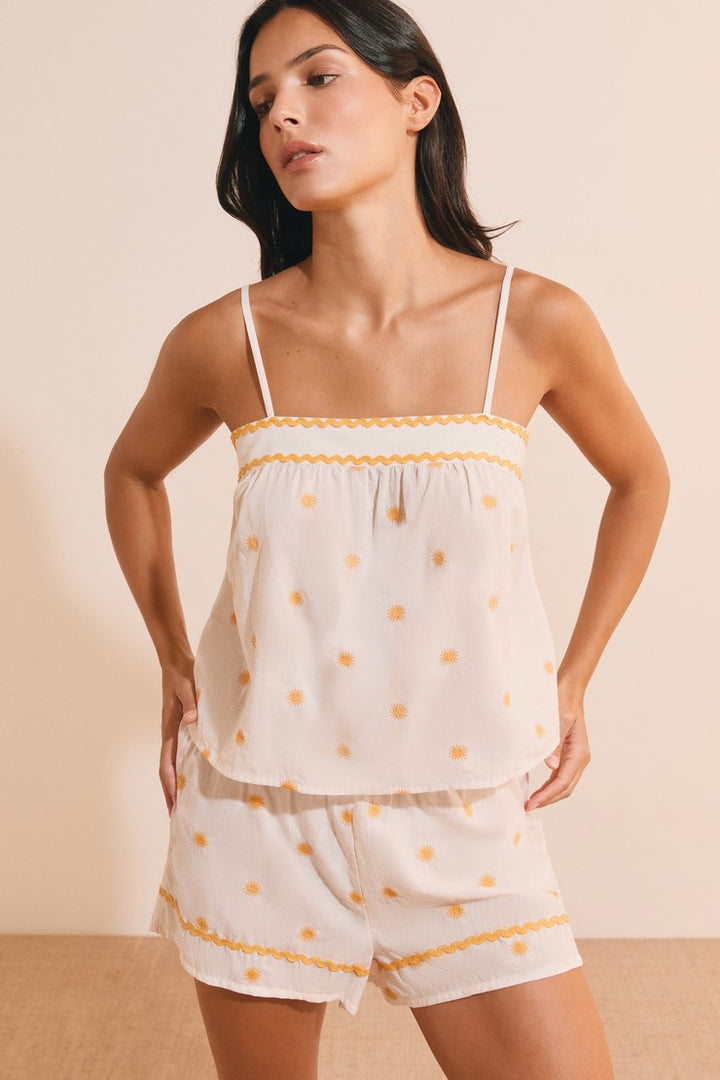 Cotton Camisole With Sun Print - Ecru