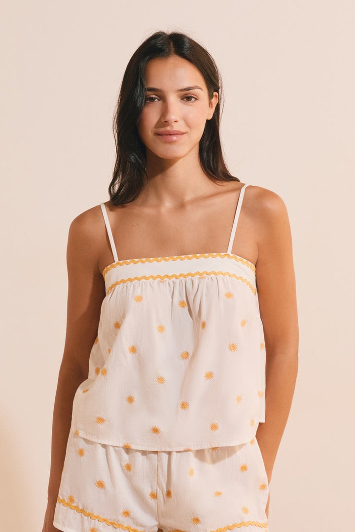 Cotton Camisole With Sun Print - Ecru