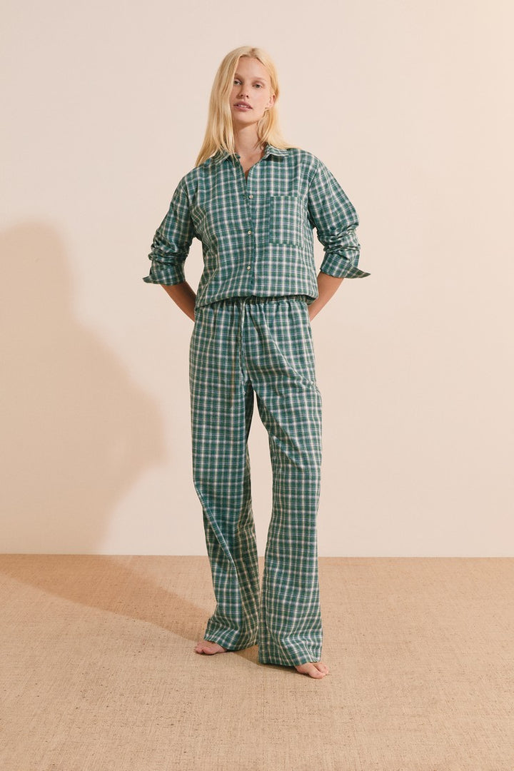 Checked Cotton Pajama Pants - Vert