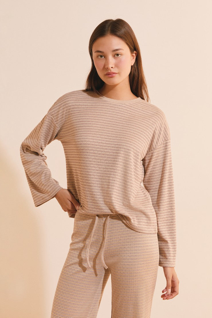 Striped Pajama Sweatshirt - Taupe