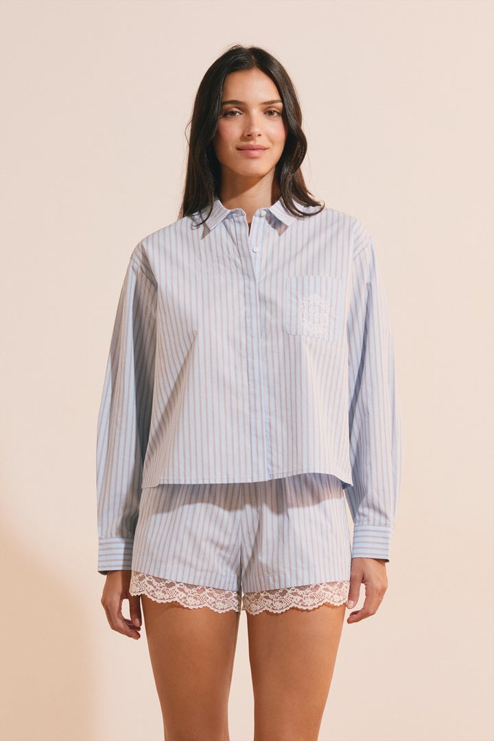 Striped Cotton Pajama Shirt - Bleu