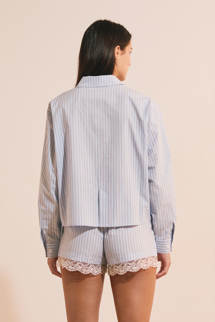 Striped Cotton Pajama Shirt - Bleu