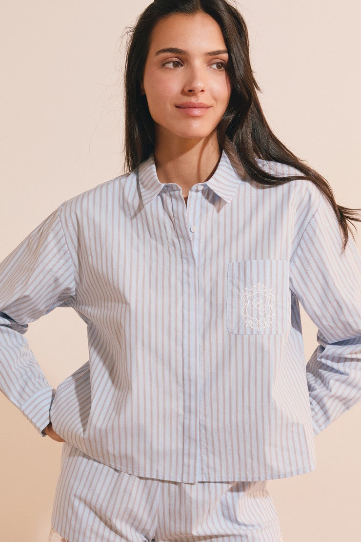 Striped Cotton Pajama Shirt - Bleu
