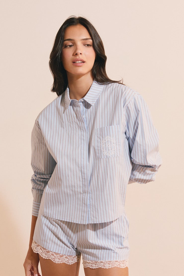 Striped Cotton Pajama Shirt - Bleu