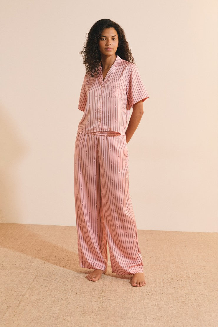 Striped Satin Pajama Shirt - Rose