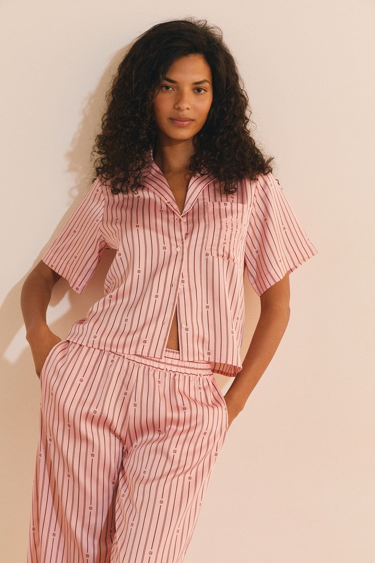 Striped Satin Pajama Shirt - Rose