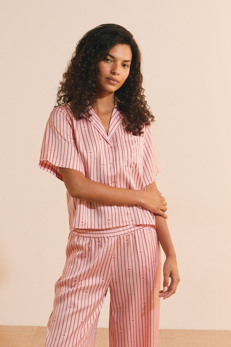 Striped Satin Pajama Shirt - Rose