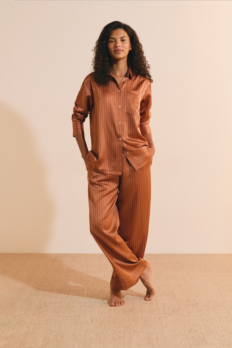 Striped Satin Pajama Shirt - Marron