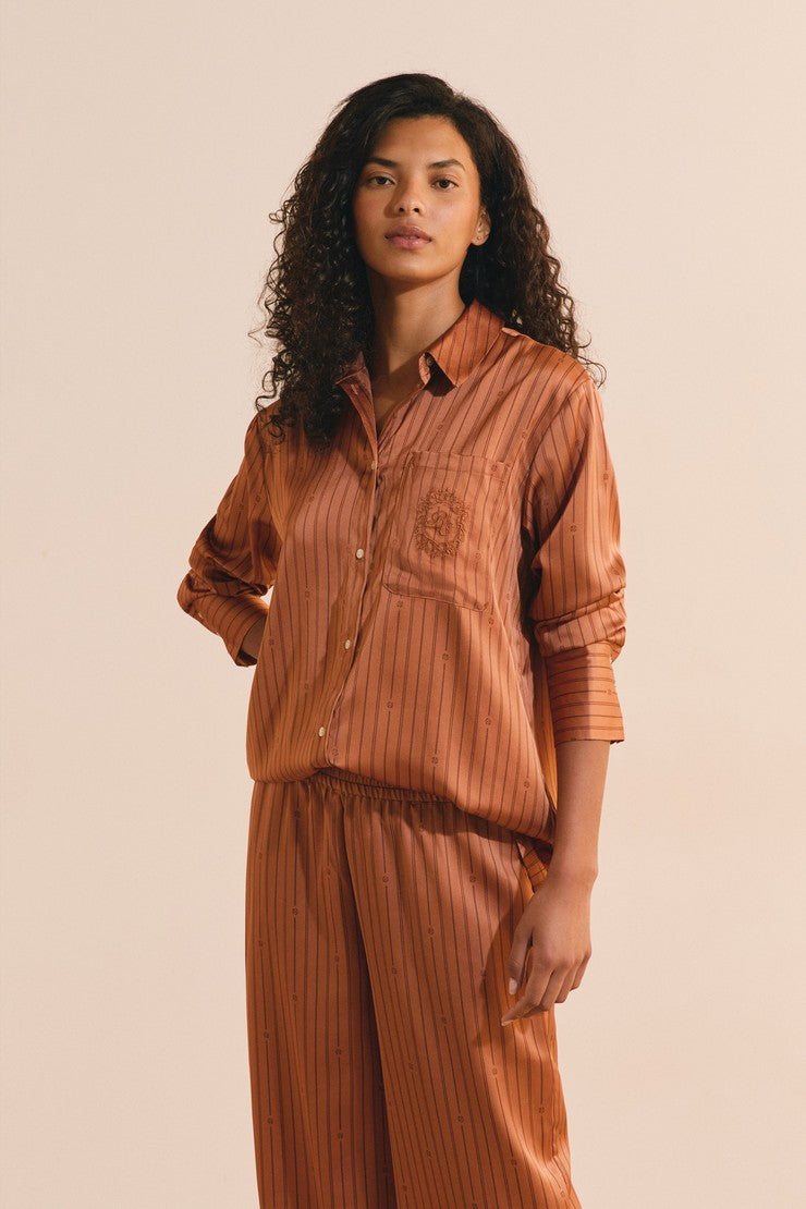 Striped Satin Pajama Shirt - Marron