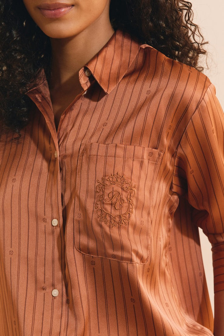 Striped Satin Pajama Shirt - Marron