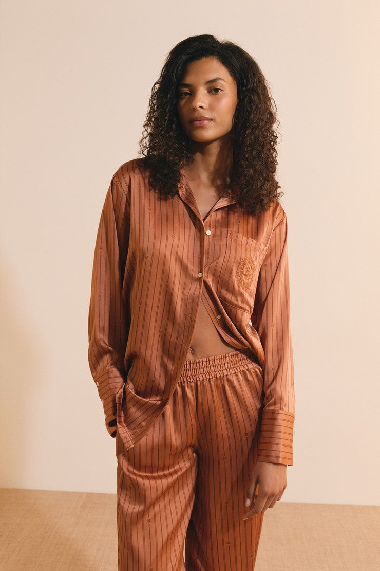 Striped Satin Pajama Shirt - Marron