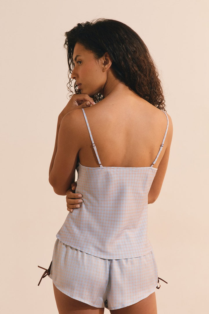 Plaid Satin Top With Lace Details - Bleu