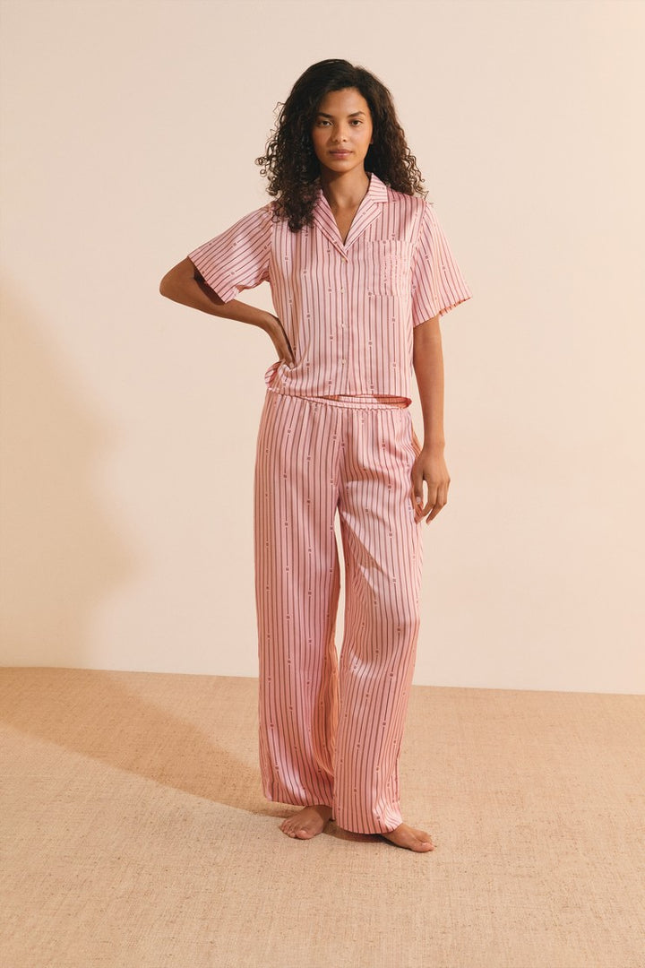 Striped Satin Pajama Pants - Rose