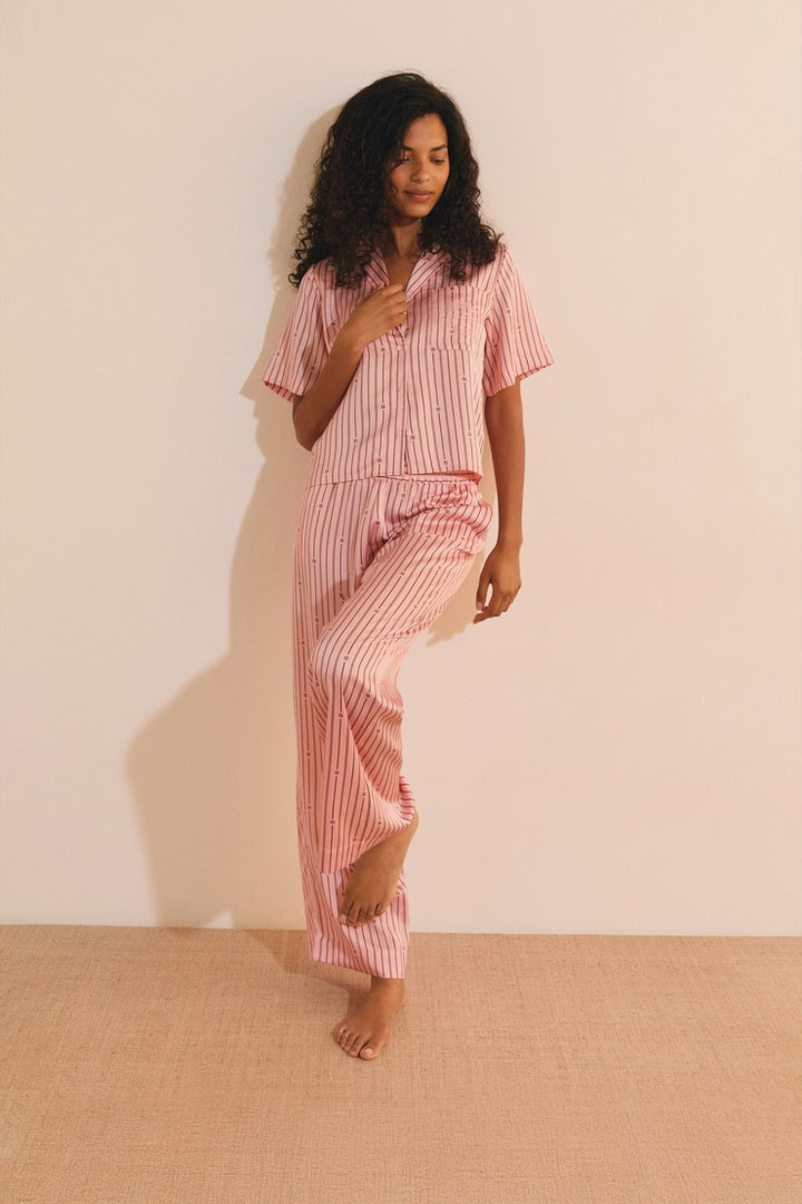 Striped Satin Pajama Pants - Rose