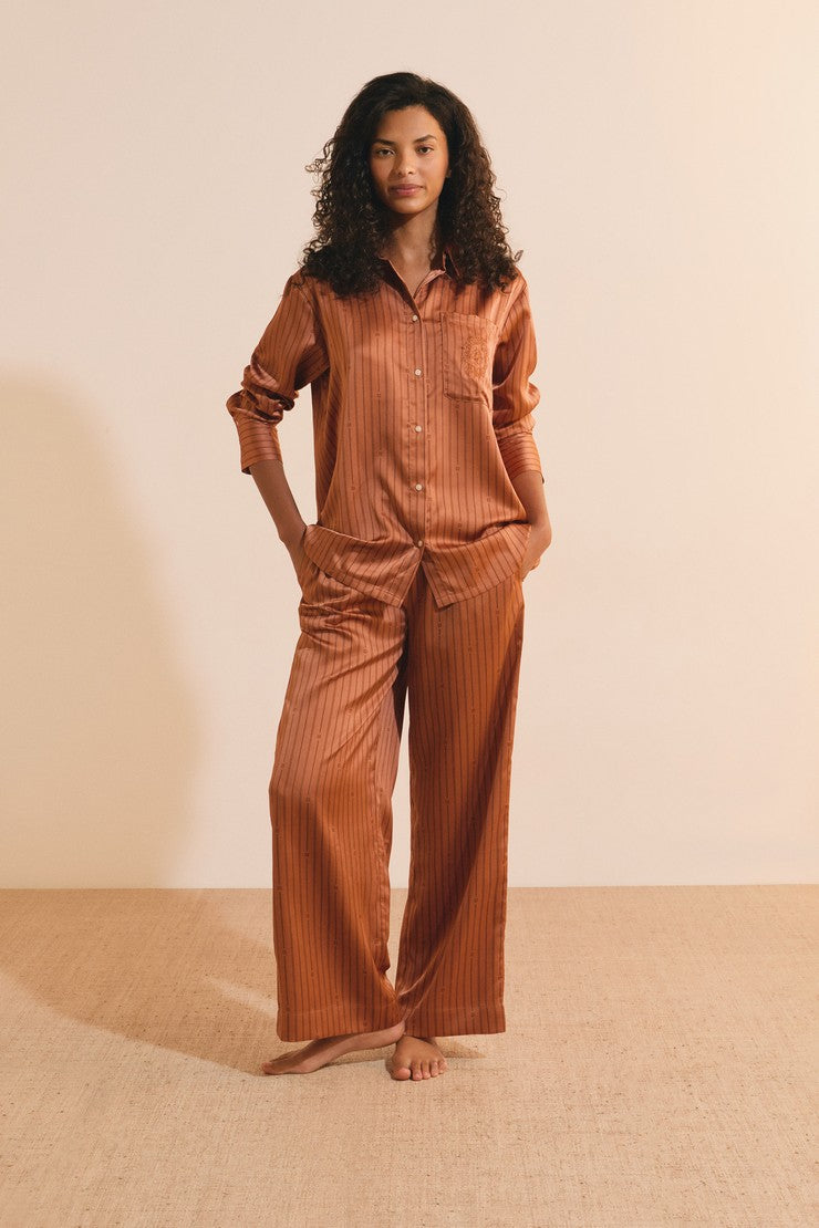 Striped Satin Pajama Pants - Marron