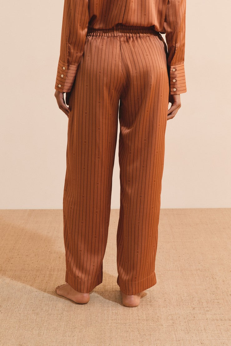 Striped Satin Pajama Pants - Marron
