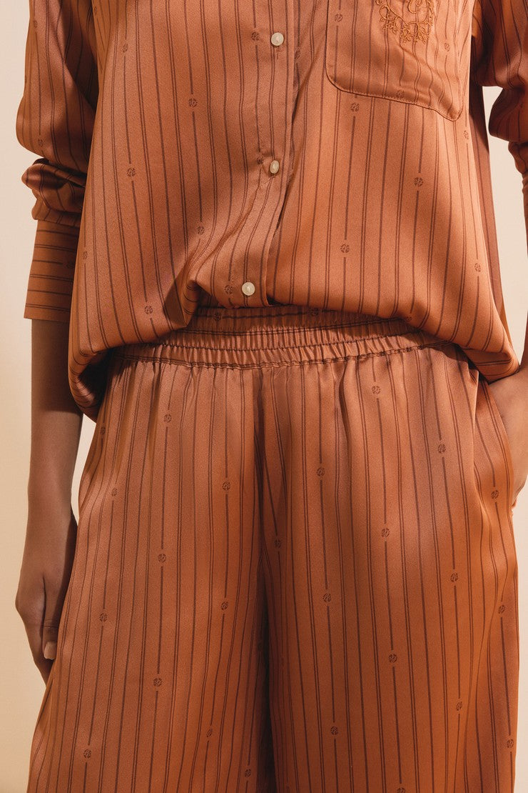 Striped Satin Pajama Pants - Marron