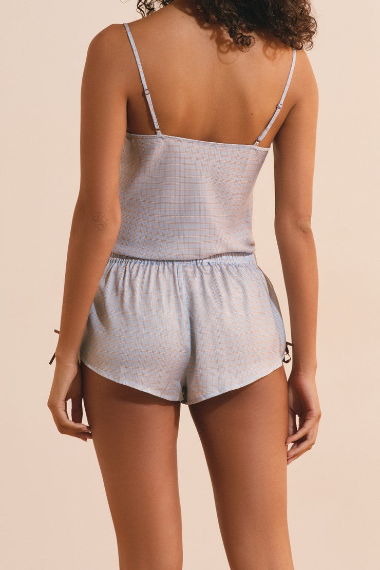 Plaid Satin Shorts With Lace Details - Bleu