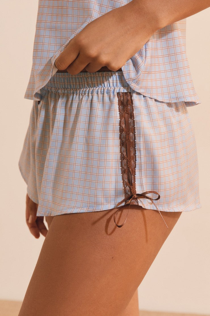 Plaid Satin Shorts With Lace Details - Bleu