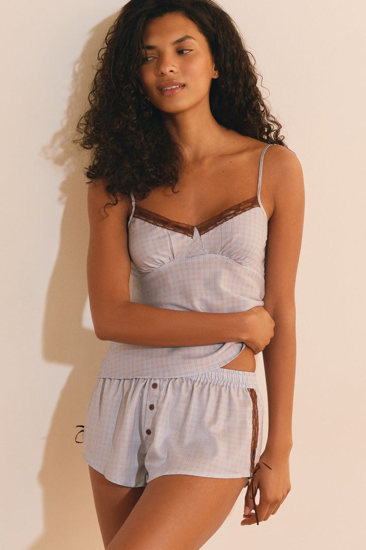Plaid Satin Shorts With Lace Details - Bleu