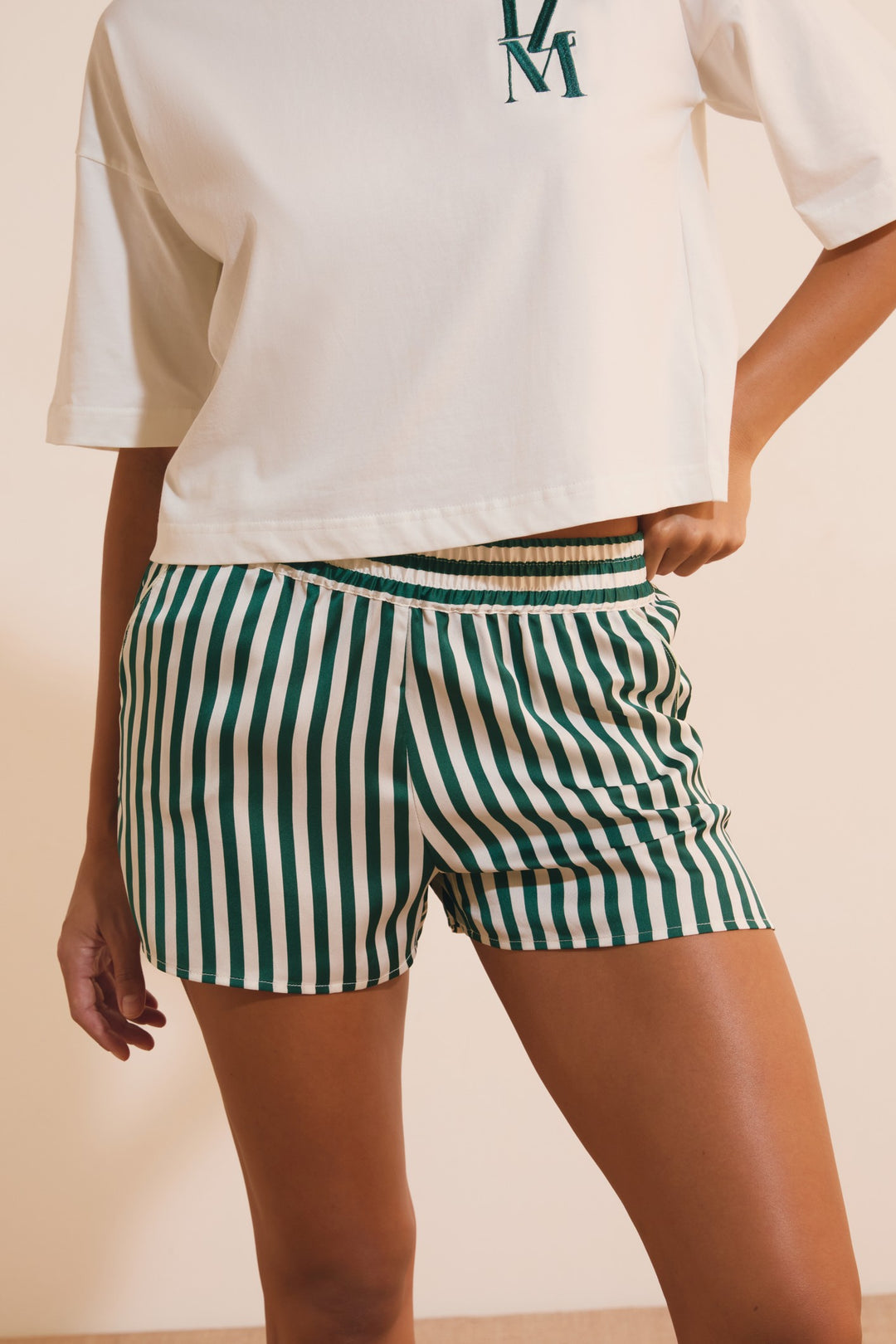 Striped Satin Shorts - Vert