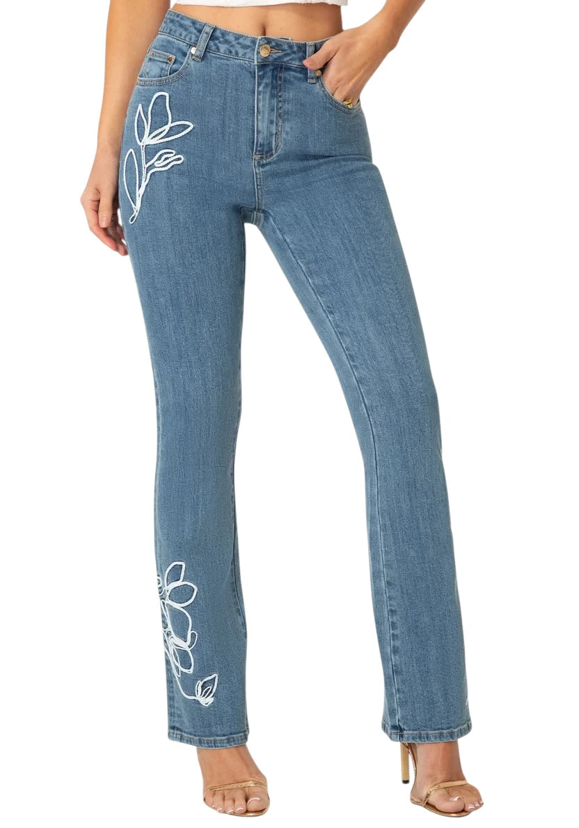 Natural Waist Embroidered Straight Leg Jeans