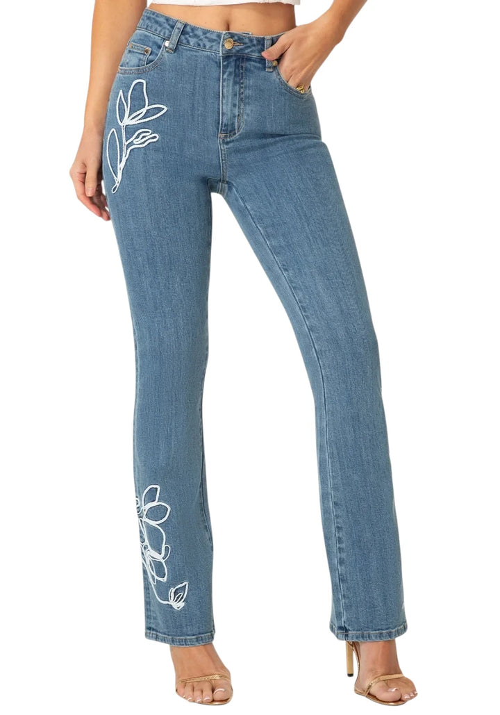 Natural Waist Embroidered Straight Leg Jeans