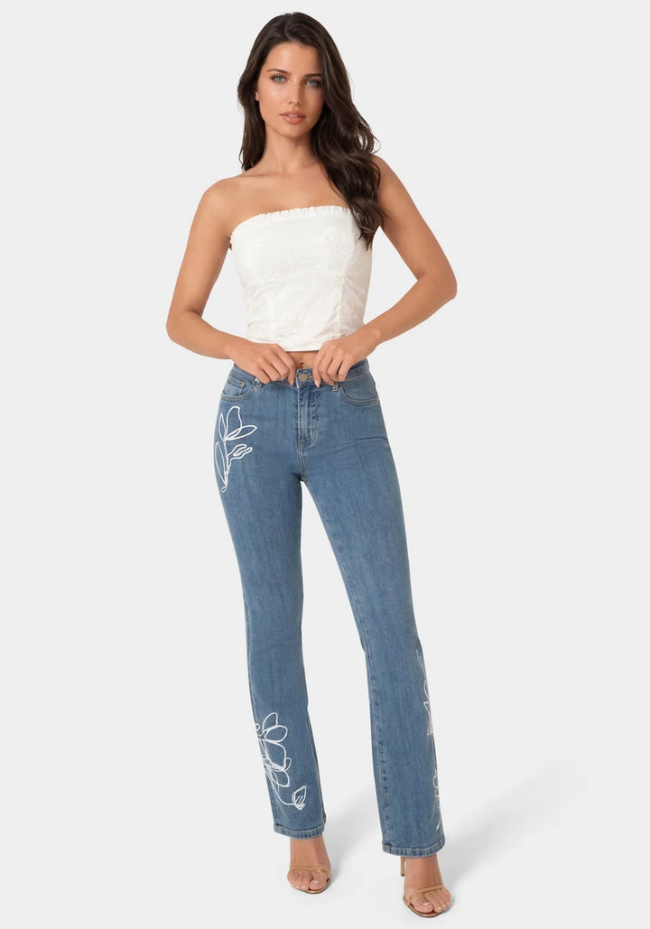 Natural Waist Embroidered Straight Leg Jeans