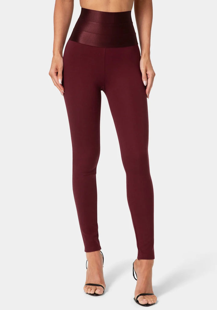 High Waist Satin Elastic Waistband Legging - Dark Cherry