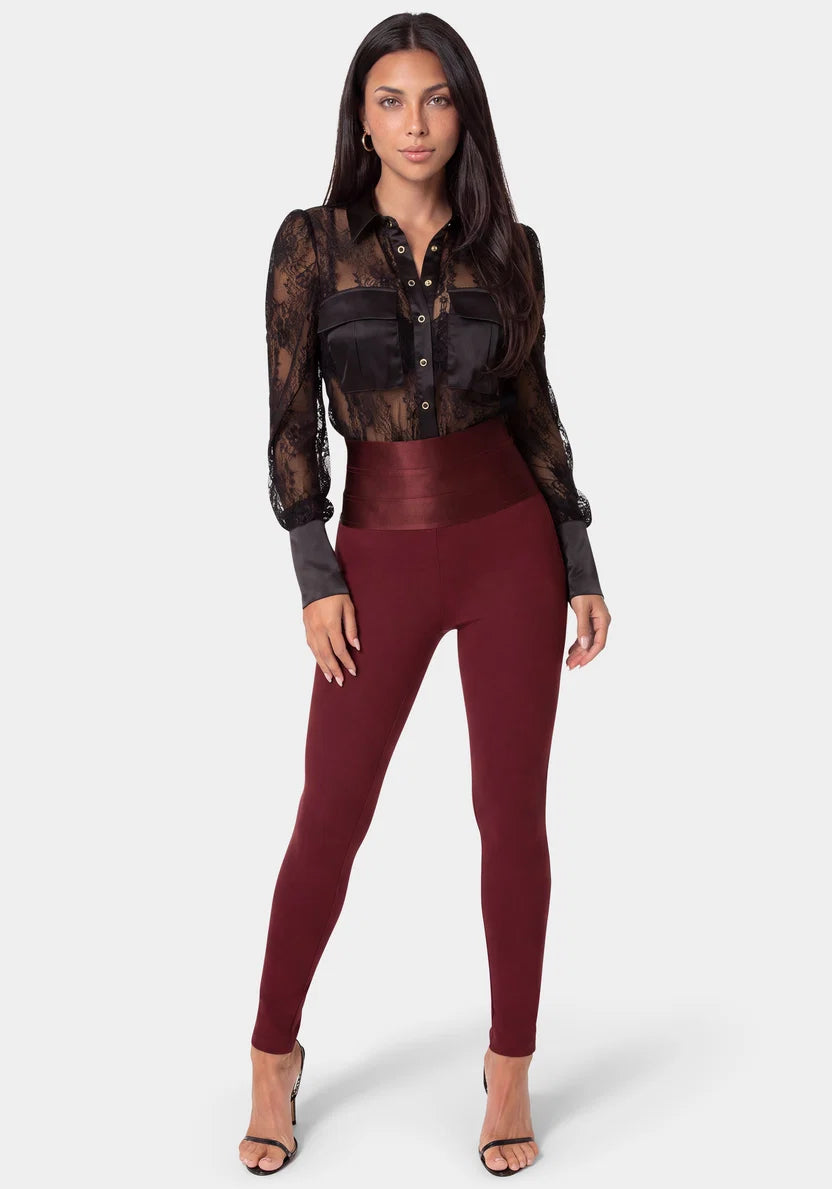 High Waist Satin Elastic Waistband Legging - Dark Cherry
