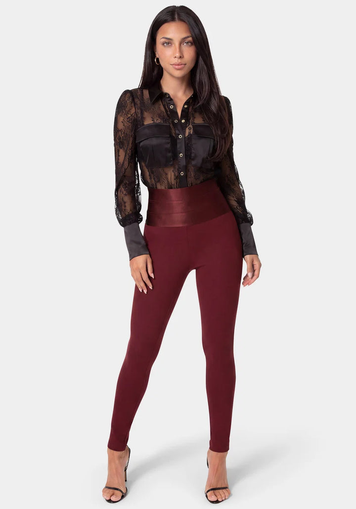 High Waist Satin Elastic Waistband Legging - Dark Cherry