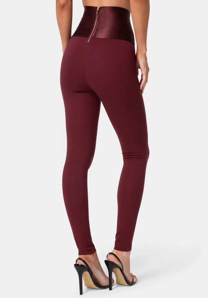 High Waist Satin Elastic Waistband Legging - Dark Cherry