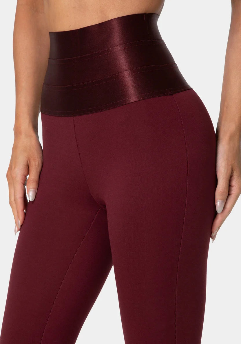 High Waist Satin Elastic Waistband Legging - Dark Cherry