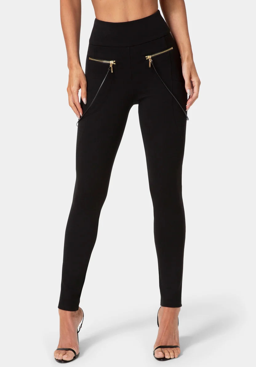 Natural Waist Zipper Chain Detail Legging - Black