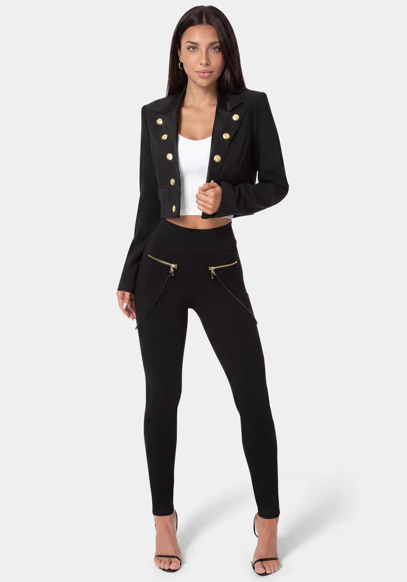 Natural Waist Zipper Chain Detail Legging - Black