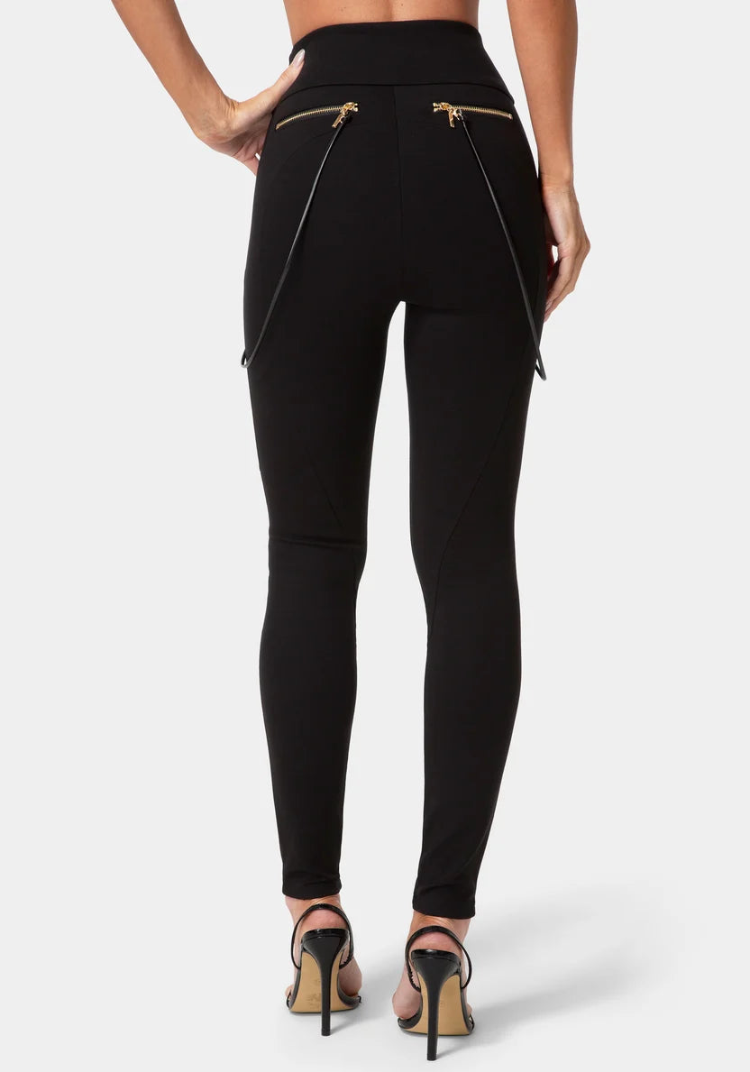 Natural Waist Zipper Chain Detail Legging - Black